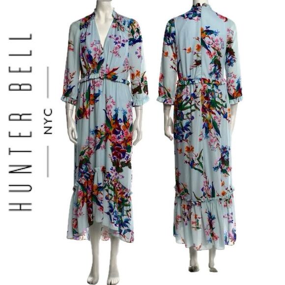 HUNTER BELL MIDI DRESS WILDFLOWER TROPICAL RUFFLE EMBELLISHMENT SZ 4 RELAXED - Picture 2 of 16